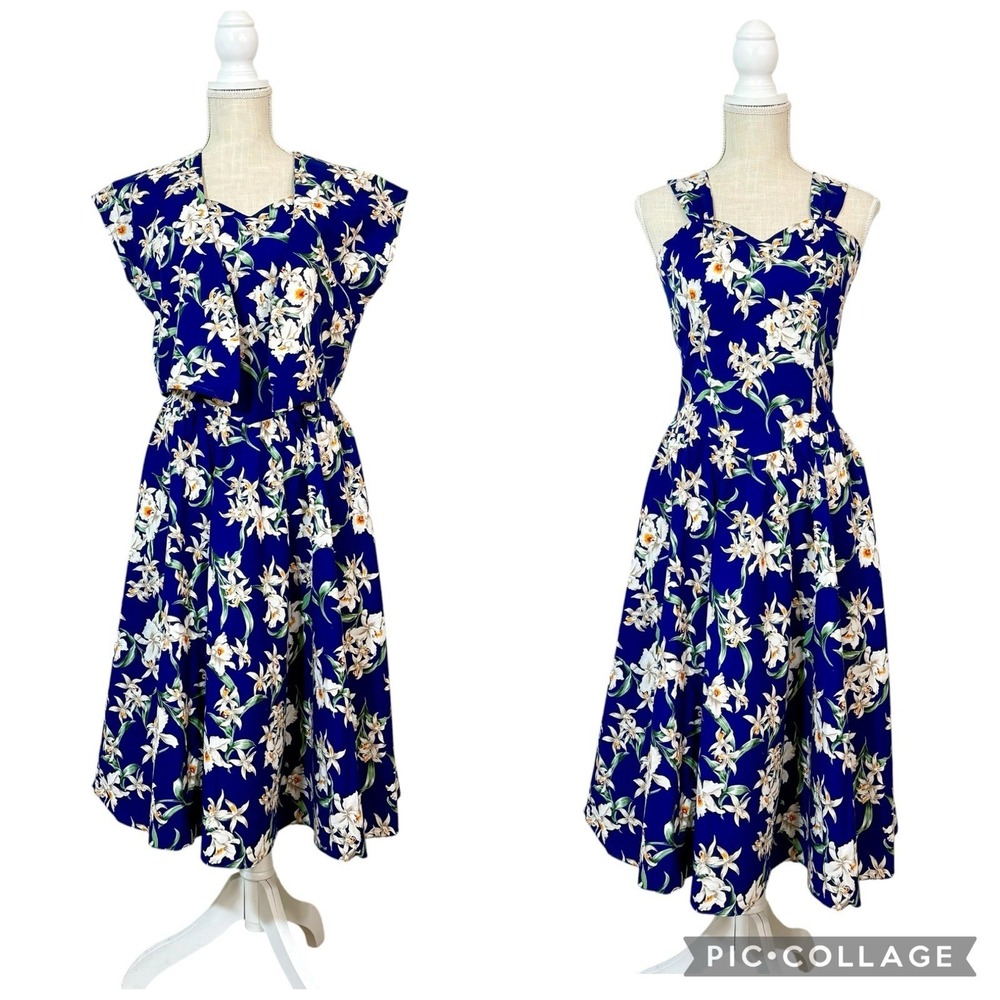 Vtg Royal Creations Hawaii‎ Blue Smocked Fit and Flare Dress Womens MD US Made